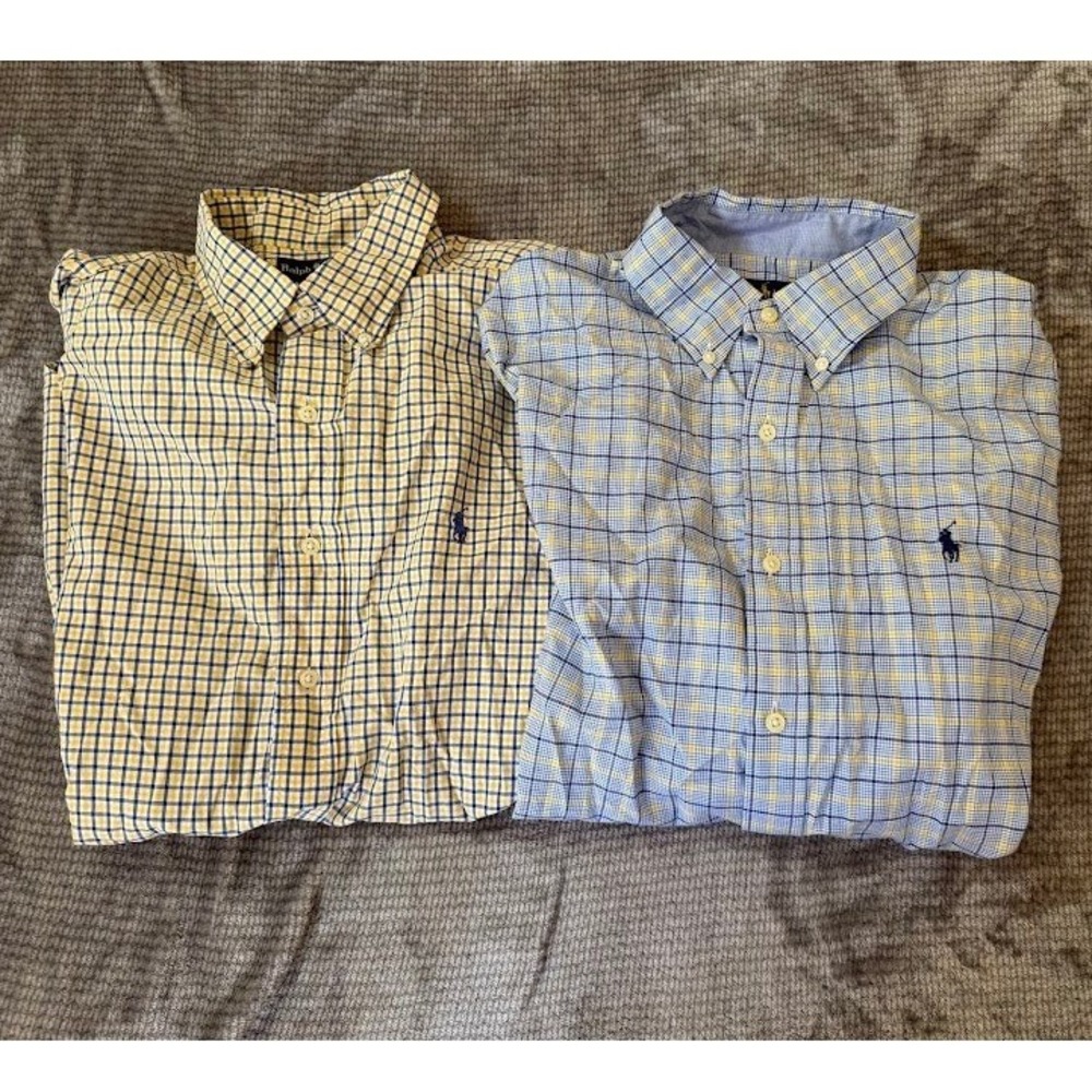Ralph Lauren Mens Plaid Button Down Shirt Lot 2 Long Short Sleeve Blue Yellow L